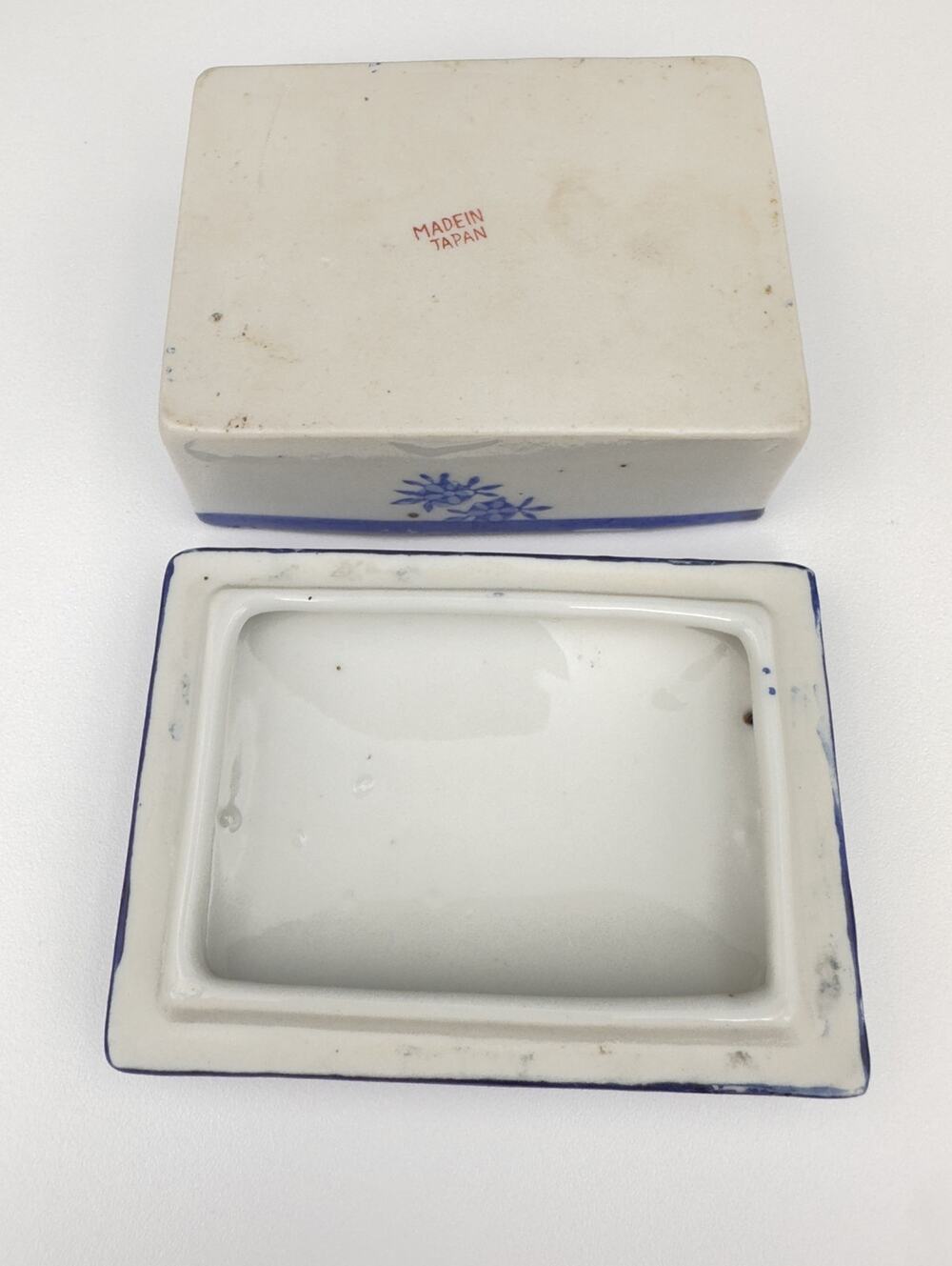 Blue White Japanese Porcelain Box, Hand-Painted Bird & Florals